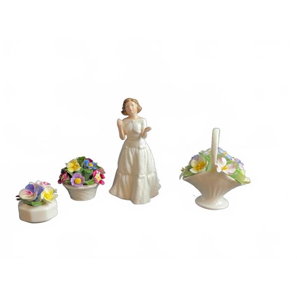 Royal Doulton Welcome HN3764 Figurine with Three Floral Porcelain Ornaments