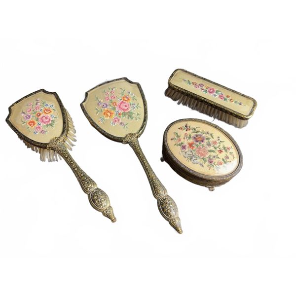 Four-Piece Vanity Set With Embroidered Floral Motifs and Ornate Handles