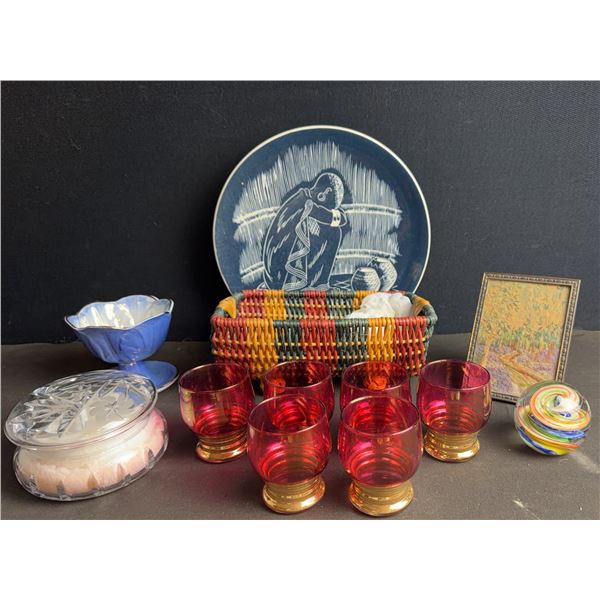 Decorative Lot: Ruby Glassware, Plate, Crystal Jar, Miniature Painting, Basket