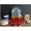 Image 1 : Decorative Lot: Ruby Glassware, Plate, Crystal Jar, Miniature Painting, Basket