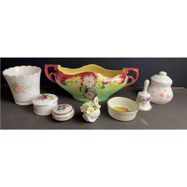 Porcelain Tableware with Floral Motifs, Including Hand-Painted Planter