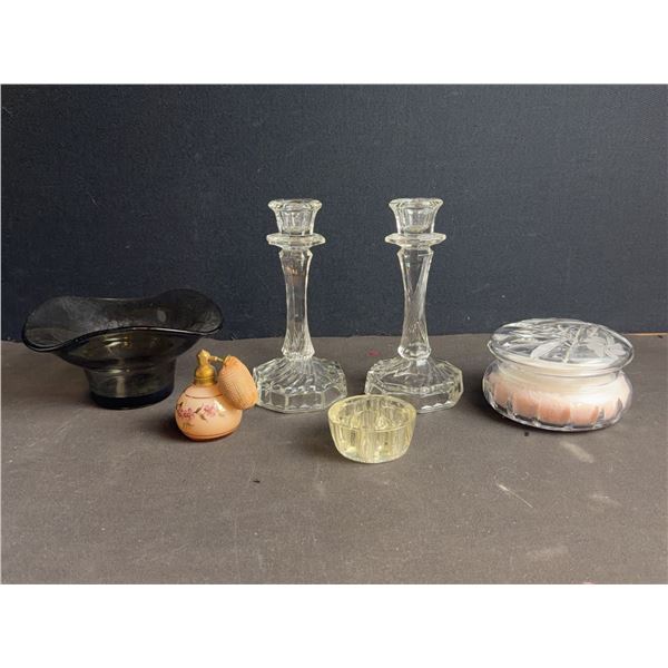 Glass and Decorative Vanity Items Including Perfume Atomizer and Candlesticks