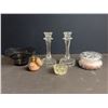 Image 1 : Glass and Decorative Vanity Items Including Perfume Atomizer and Candlesticks