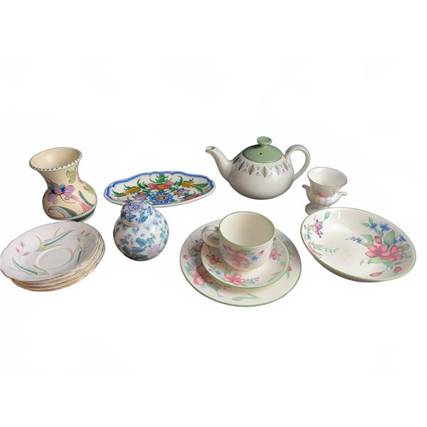 Floral China and Porcelain Tableware Including Teapot, Plates, Bowls, and Vases