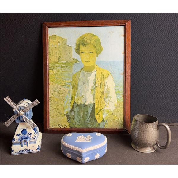 Wedgwood Blue Jasperware Heart Box, Delft Style Windmill, Hammered Metal Mug, Framed Print