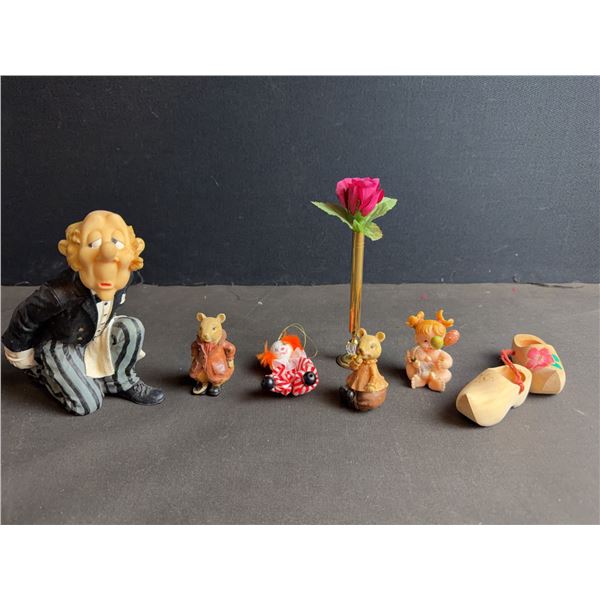 Figurines and Miniatures Including Mice, Clown, Wooden Shoes and Bud Vase
