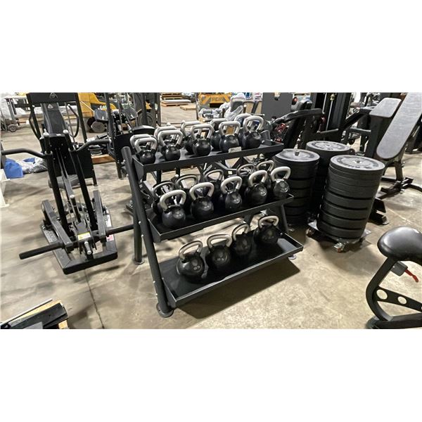 3 TIER HEAVY DUTY METAL RACK WITH AMERICAN BARBELL KETTLEBELLS- ASSORTED WEIGHTS (10LB-65LB)
