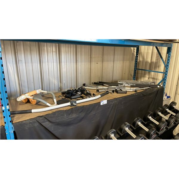 SHELF OF ASSORTED PULL DOWN HANDLES, BARS & COMMERCIAL EXERCISE ATTACHMENTS