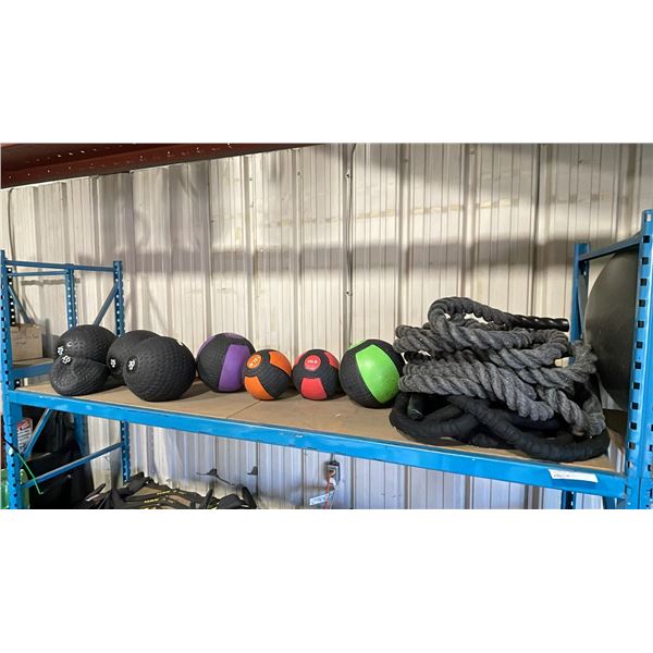 SHELF OF CONDITIONING ROPES, 2 YOGA BALLS & MEDICINE BALLS- ASSORTED WEIGHTS