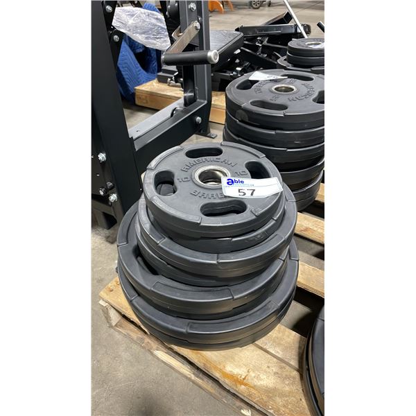 8 AMERICAN BARBELL COMMERCIAL EXERCISE RUBBER OLYMPIC PLATES 2-45LB, 2-35LB, 2-25LB & 2-10LB