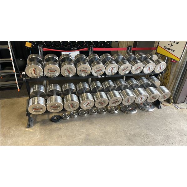 ATLANTIS STRENGTH S-187 COMMERCIAL 10 PAIR DUMBBELL RACK WITH IRON NATION STAINLESS STEEL DUMBBELL