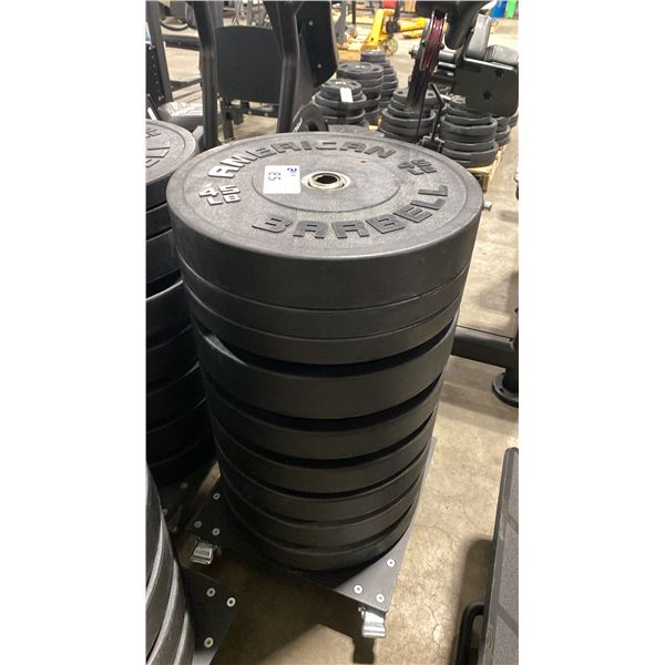 STACK OF 9 AMERICAN BARBELL ASSORTED RUBBER COATED FREE WEIGHTS ON MOBILE WEIGHT STAND