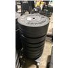 Image 1 : STACK OF 9 AMERICAN BARBELL ASSORTED RUBBER COATED FREE WEIGHTS ON MOBILE WEIGHT STAND