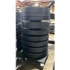 Image 3 : STACK OF 9 AMERICAN BARBELL ASSORTED RUBBER COATED FREE WEIGHTS ON MOBILE WEIGHT STAND