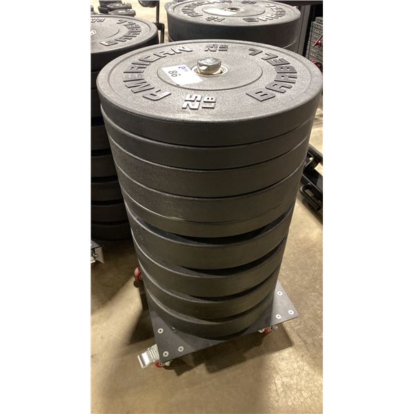 STACK OF 9 AMERICAN BARBELL ASSORTED RUBBER COATED FREE WEIGHTS ON MOBILE WEIGHT STAND