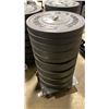 Image 1 : STACK OF 9 AMERICAN BARBELL ASSORTED RUBBER COATED FREE WEIGHTS ON MOBILE WEIGHT STAND