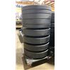 Image 3 : STACK OF 9 AMERICAN BARBELL ASSORTED RUBBER COATED FREE WEIGHTS ON MOBILE WEIGHT STAND