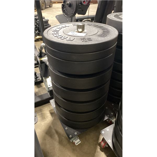 STACK OF 8 AMERICAN BARBELL ASSORTED RUBBER COATED FREE WEIGHTS ON MOBILE WEIGHT STAND