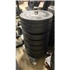 Image 1 : STACK OF 8 AMERICAN BARBELL ASSORTED RUBBER COATED FREE WEIGHTS ON MOBILE WEIGHT STAND