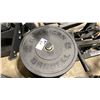 Image 2 : STACK OF 8 AMERICAN BARBELL ASSORTED RUBBER COATED FREE WEIGHTS ON MOBILE WEIGHT STAND