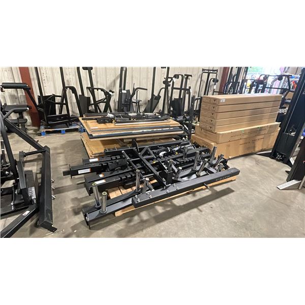 LARGE PALLET OF MATRIX GYM FLOORING PANELS & ASSORTED COMMERCIAL SMITH RACK PARTS