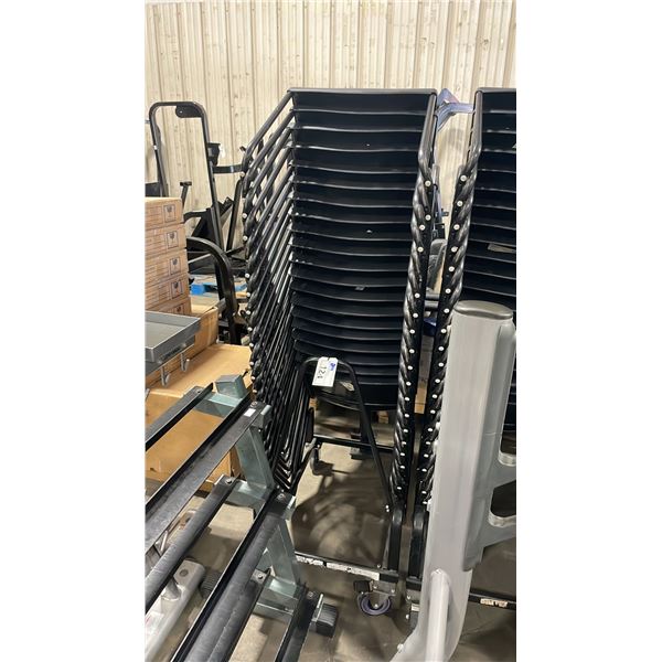 STACK OF 20 BLACK PLASTIC METAL FRAMED STACKING CHAIRS WITH MOBILE CHAIR CART