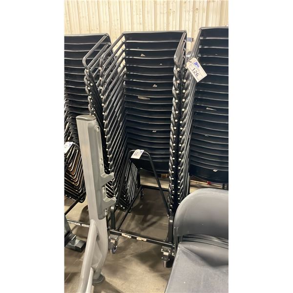 STACK OF 20 BLACK PLASTIC METAL FRAMED STACKING CHAIRS WITH MOBILE CHAIR CART