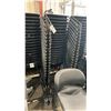 Image 1 : STACK OF 20 BLACK PLASTIC METAL FRAMED STACKING CHAIRS WITH MOBILE CHAIR CART