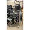 Image 1 : STACK OF 12 BLACK PLASTIC METAL FRAMED STACKING CHAIRS & HEAVY DUTY 2 WHEEL CHAIR CART