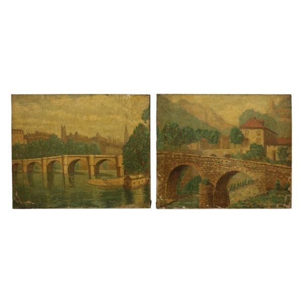 Pair of Antique European Bridge Oil Paintings