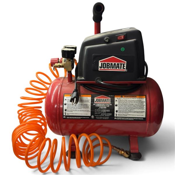 Jobmate 58-7958-4 3-Gallon Air Compressor with Dual Gauges & Coiled Air Hose