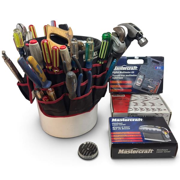 Husky Bucket Organizer w Hand Tools, Mastercraft Multimeter, Laser Level & Jobmate Clamp Set