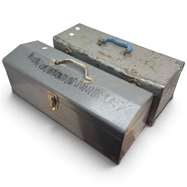 Two Metal Toolboxes with Westward Socket Set, Hand Tools, Hardware & Caged Work Light