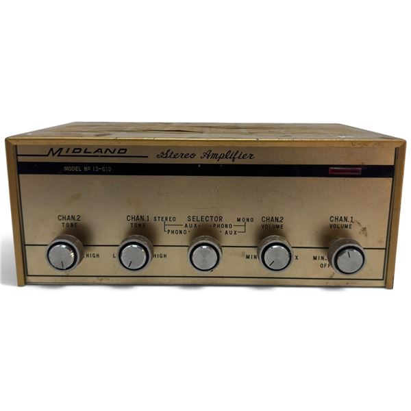 1960s Midland Model 13-610 Stereo Amplifier with Dual Phono/Aux Inputs & 4-16 Ohm Outputs
