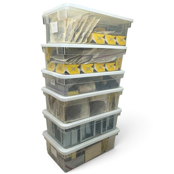 Bulk Vintage Electronic Components: Resistors, Capacitors & Metal Housings in 6 Bins