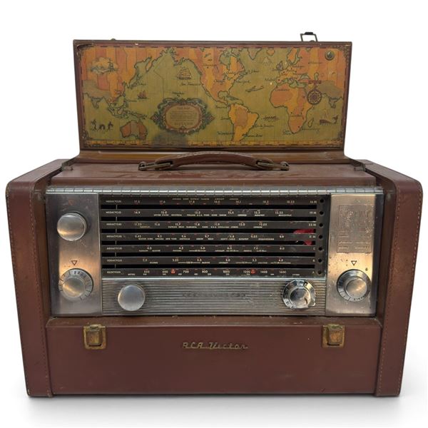 1953 RCA Victor Strato-World 3-BX-671 Seven-Band Portable Tube Radio with Printed World Map