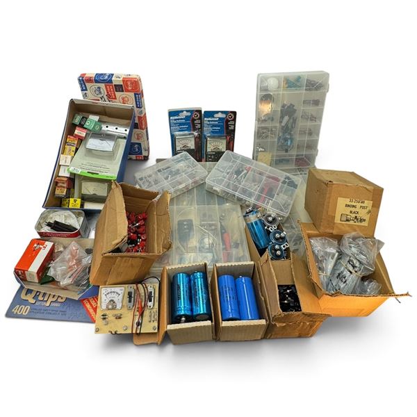 Vintage Electronics Parts Lot with Analog Meters, Capacitors, Tubes, Transformers & Hardware