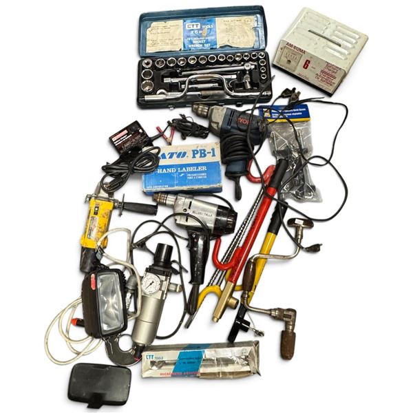 Assorted Power & Hand Tools with CTT Socket Set, Drills, Chargers & Sato Labeler