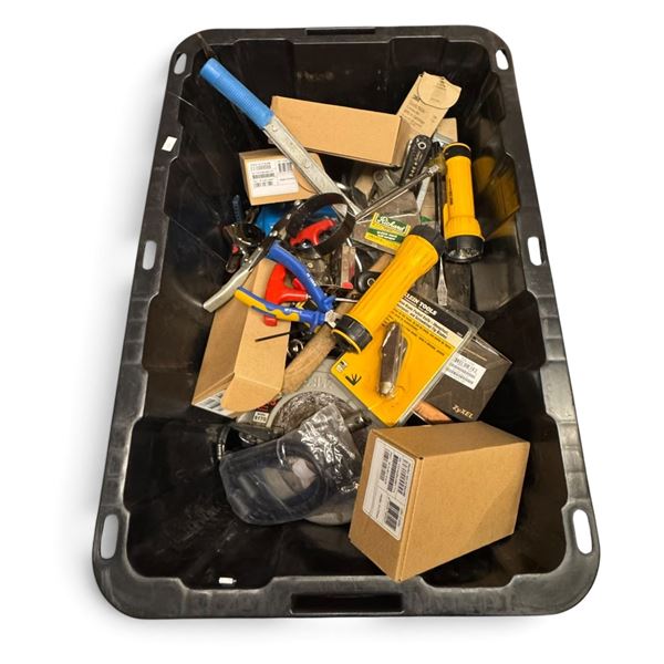 Assorted Shop Tools, Skilsaw 5170 Circular Saw, Hardware & Safety Gear in Storage Tote