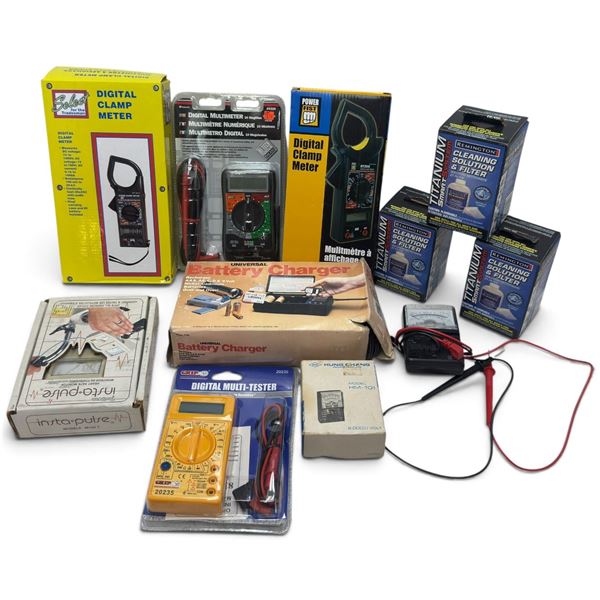 Assorted Electrical Test Meters, Battery Charger, Heart Monitor & Remington Refills