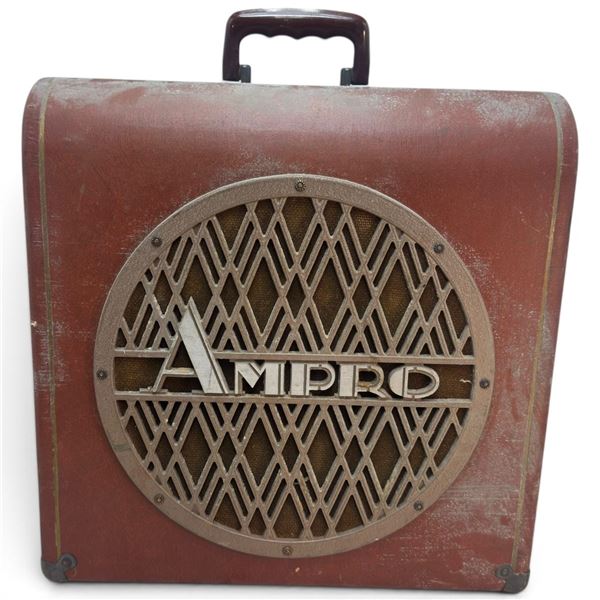Vintage Ampro Deluxe Portable 16mm Film Projector Speaker in Brown Carrying Cabinet