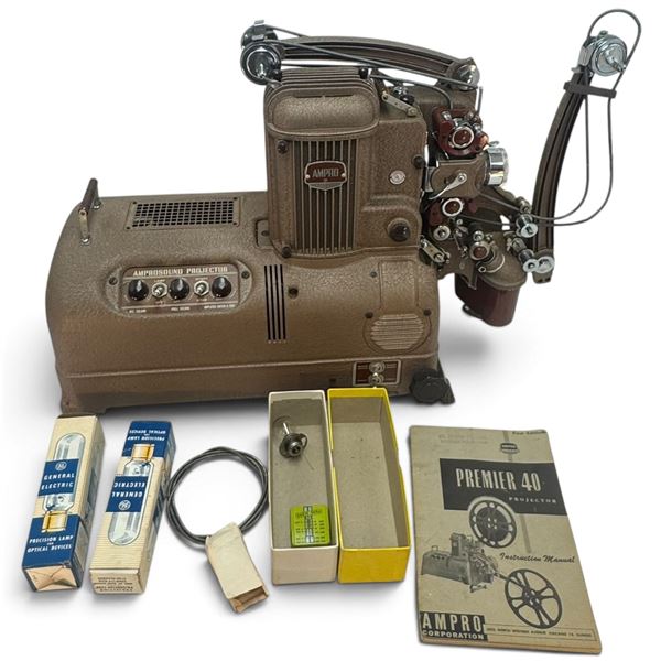 Circa 1953 Ampro Premier 40 16mm Sound Projector with Case, Manual, Accessories & Case