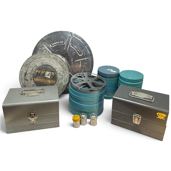 Vintage 8mm Home Movie Reels & Film Cans with Two Metal Storage Cases