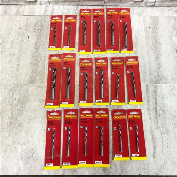 Assortment Of 17 Pro Sense Wood Drill Bits - 2x 15/64in - 4x 25/64in - 1x 27-64in - 2x 23/64in - 2x 