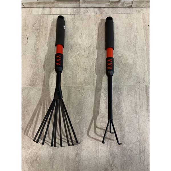 Lot Of 2 Gardening Tools - 9 Tooth Hand Rake & 3 Pronged Hand Cultivator