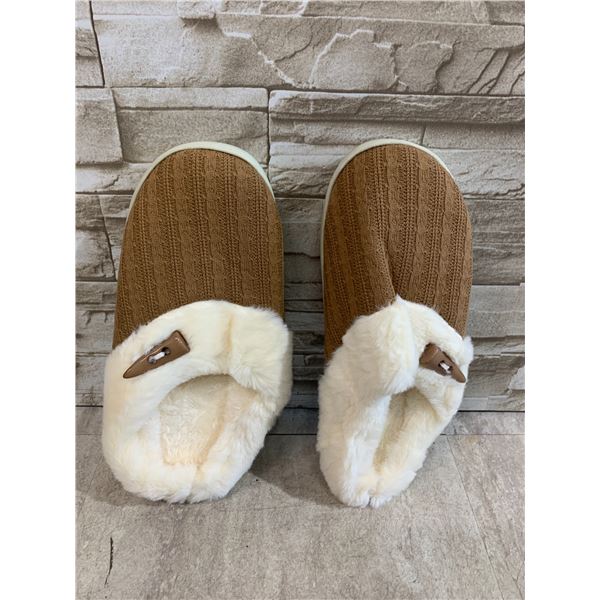 Brown Slippers With White Fuzz