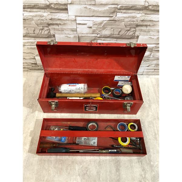 Vintage Red Metal Portable Tool Box With Metal Latches - Includes Some Tools Inside