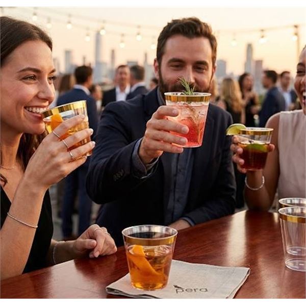 Perch 50ml Plastic Cups Gold Rim, 100 Pack