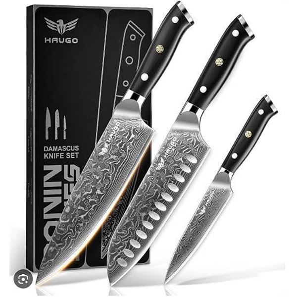 Haugo Ronin Damascus Knife Set 3pc G10 Handle
