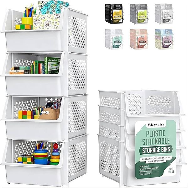 4 White Plastic Stackable Storage Bins